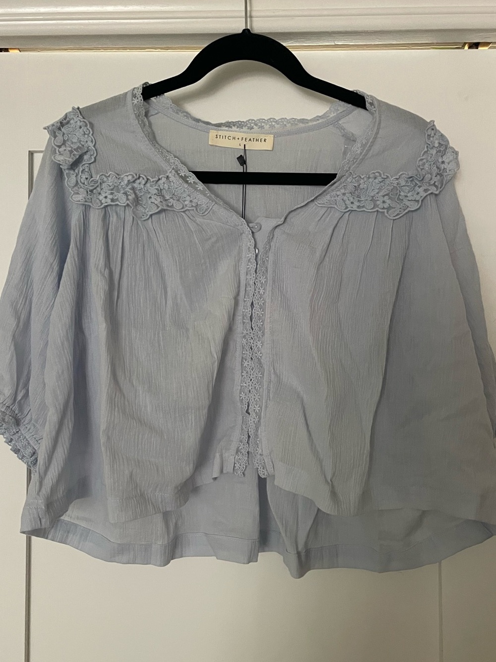 Stitch + Feather Light Blue Lace-Trim Peasant Top